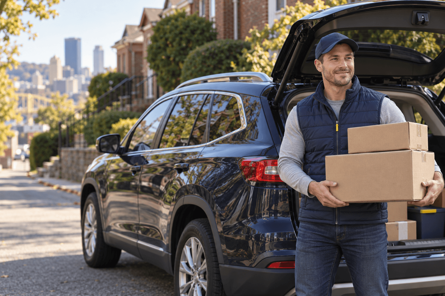 A delivery driver carrying two boxes beside a personal SUV on a neighborhood street